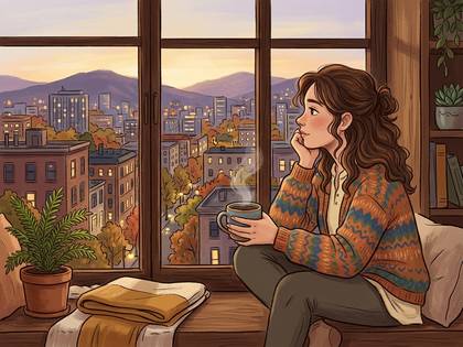 秋の夕暮れの街並みを、窓辺で温かい飲み物と共に眺める女性。