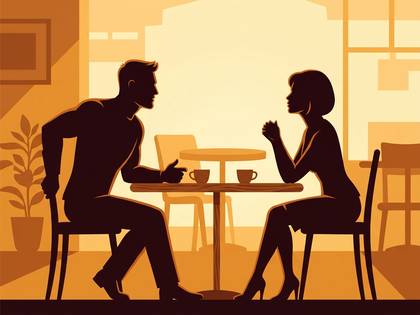 カフェで向かい合い、お茶を飲みながら会話する男女のシルエット。