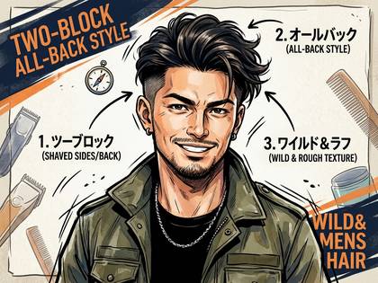 ツーブロックオールバックのワイルドな男性ヘアスタイルイラスト。