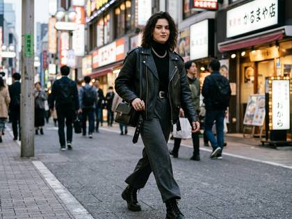 日本の商店街を歩くレザージャケット姿の女性。