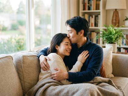 ソファでくつろぐカップル。男性が女性のおでこにキスし、女性は幸せそうに目を閉じ微笑む。