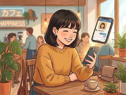 カフェで笑顔の女性がスマートフォンでチャットを楽しんでいる。