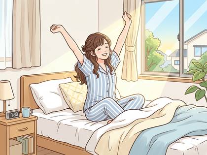 ベッドで目覚め、気持ちよさそうに伸びをする笑顔の女性。