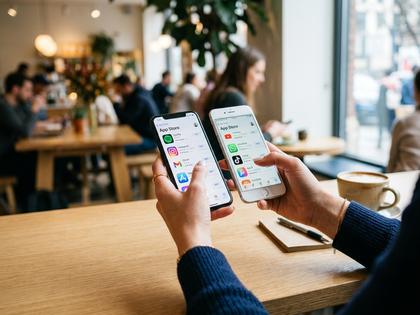 スマートフォンでアプリを比較検討している女性の手元