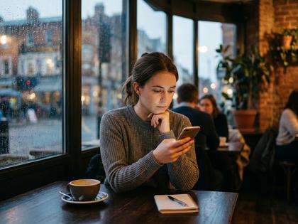 スマホを見ながら少し考え込む女性のイメージ