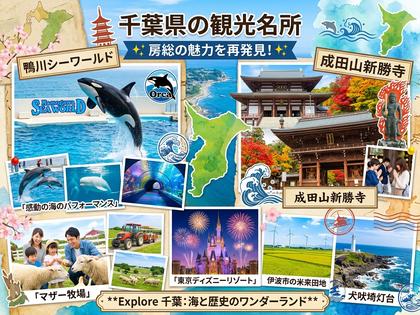 鴨川シーワールドや成田山などの千葉県観光スポットのコラージュ