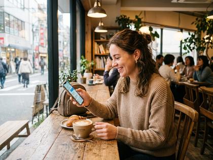 カフェで楽しそうにスマートフォンを見る女性