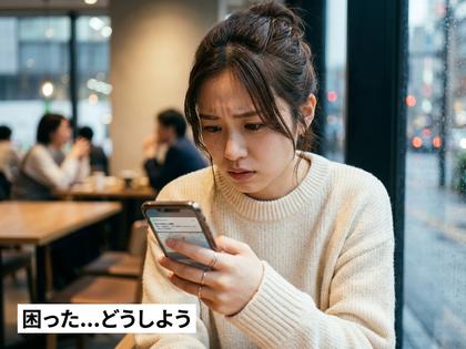 困った表情でスマートフォンを見る女性