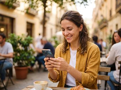 笑顔でスマートフォンを操作する女性