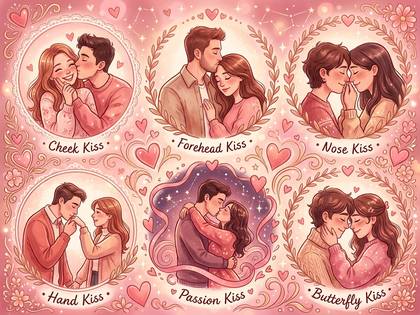 6種類のキスで愛情を表現するカップルのイラスト。バレンタイン風。