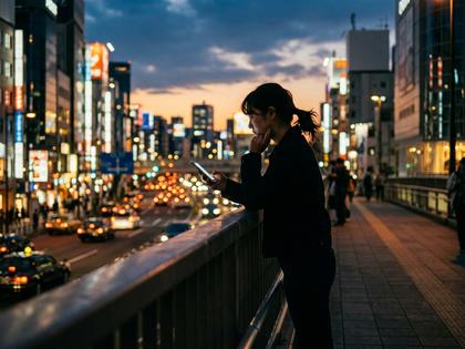 スマホを見て考え込む女性のシルエット
