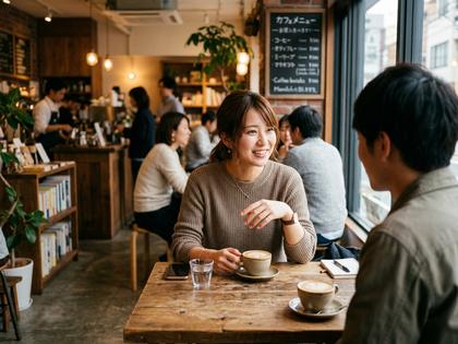 カフェで初対面の相手と会話する女性のイメージ