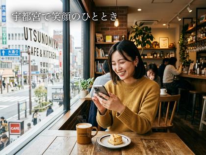 栃木県内のカフェでスマホを見ている女性