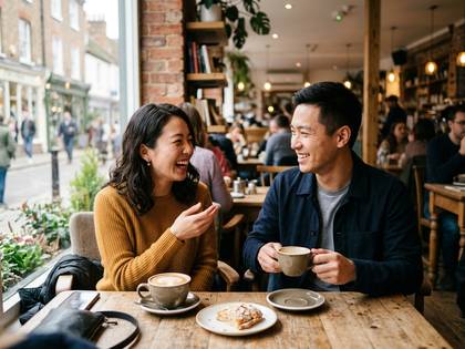 カフェでコーヒーとスイーツを囲み笑顔で談笑する男女。 (28文字)