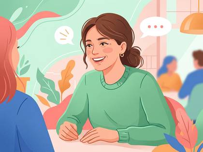 カフェで笑顔で会話する二人の女性のイラスト。