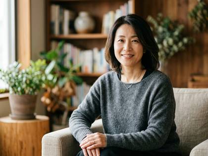 自宅のソファで穏やかに微笑む女性。