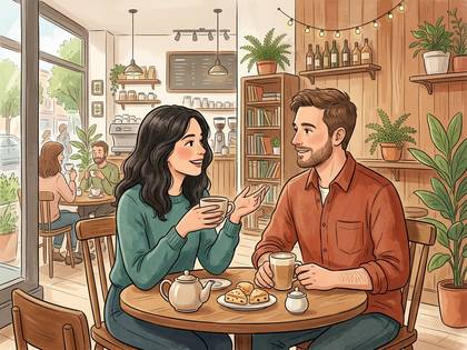 カフェで向かい合って座り、談笑する男女のイラスト。
