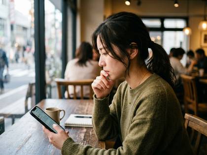 窓際のカフェでスマートフォンを見つめ、思案する女性の横顔。