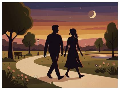 夕焼けと月が見える公園を散歩する男女のシルエット。