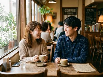カフェでコーヒーを飲みながら笑顔で談笑する男女。
