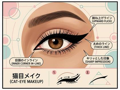 猫目メイクのアイラインの描き方を示す解説図。目尻の跳ね上げなど。