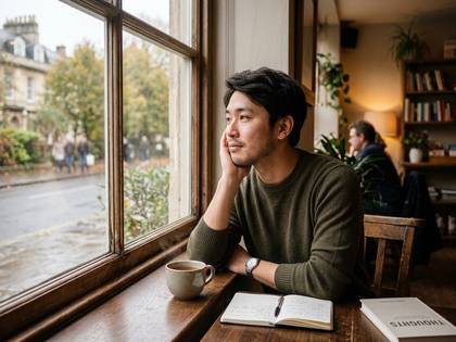 カフェの窓から外の街並みを眺め、物思いにふける男性。