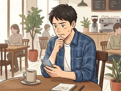 カフェでスマートフォンを見つめ、困惑した表情の男性のイラスト。