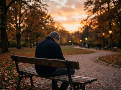 秋の夕暮れ、公園のベンチで一人座る人。