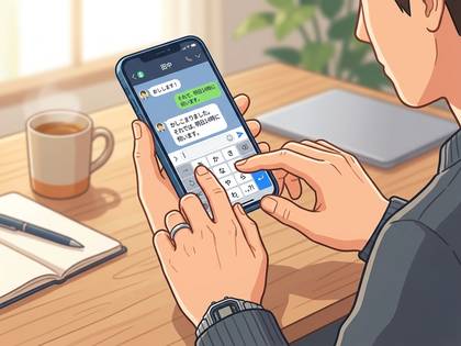 男性がテーブルでスマートフォンを操作し、日本語のメッセージを入力している。