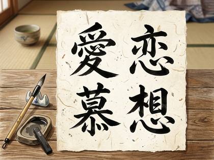 「愛」「恋」「慕」「想」の漢字書道作品と筆、墨、茶碗。