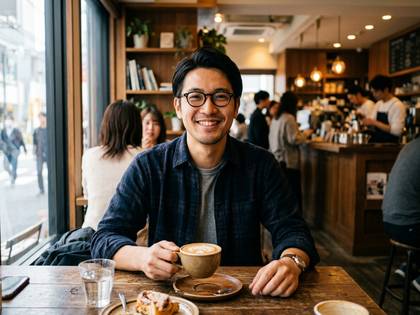 カフェでコーヒーカップを持ち、カメラに笑顔を向ける男性。背景は賑やかな店内と窓外の街路。
