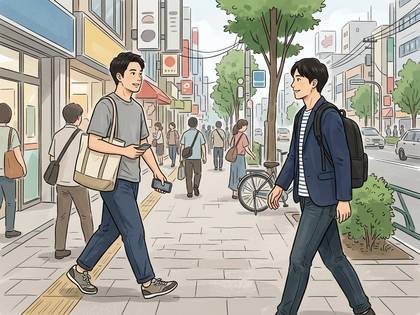 街の歩道で目を合わせながらすれ違う2人の若い男性。