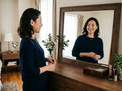 鏡に映る自分の笑顔を見つめる女性。