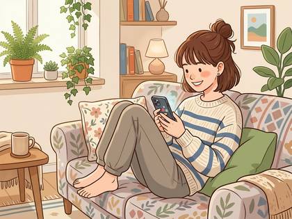 部屋のソファでスマホを操作し微笑む女性。