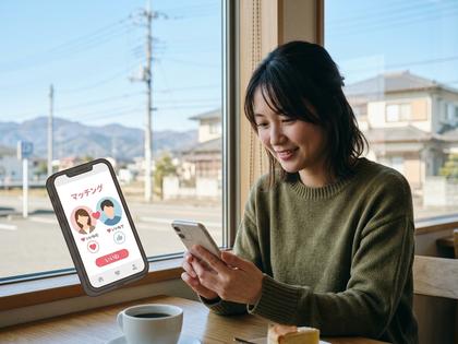 スマホでマッチングアプリを見ている茨城在住の女性のイメージ