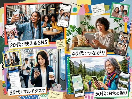 20代・30代・40代・50代の女性がスマホを使っているコラージュ風イメージ