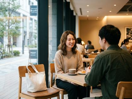 つくば駅近くのカフェでマッチングアプリの相手と会っている女性のイメージ