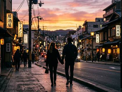 夕暮れの日本らしい街並みを手を取り合って歩くカップル。