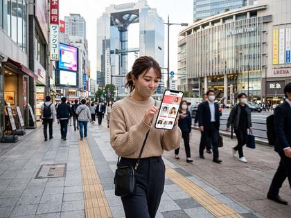 梅田の街を歩きながらスマホでマッチングアプリを開く20代女性