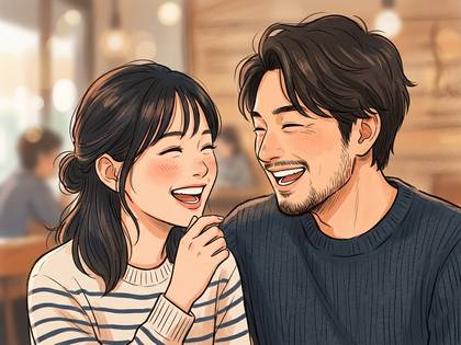 カフェで楽しそうに笑顔で談笑するアニメ風の男女。