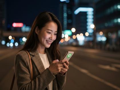 夜の街でLINEを見て微笑む女性のイメージ