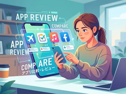 スマホでアプリを比較検討している女性のイラスト