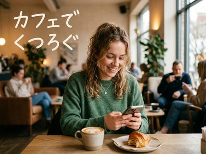 カフェでスマホを見ながら微笑む20代後半の女性
