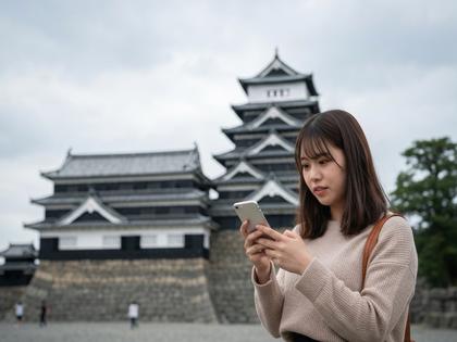 松山城を背景にスマホを操作する20代女性のイメージ