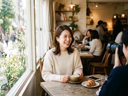 自然光の入るカフェで笑顔の女性が撮影されている様子