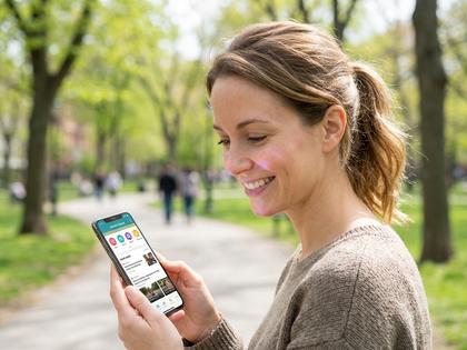 スマホで掲示板を眺めながら笑顔の女性
