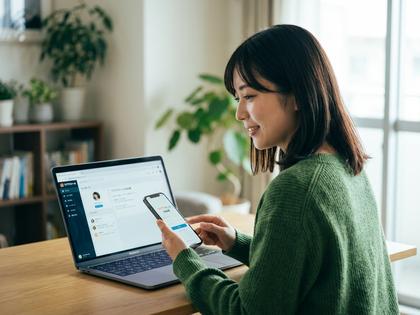スマホとパソコンでワクワクメールのweb版を開いている女性のイメージ