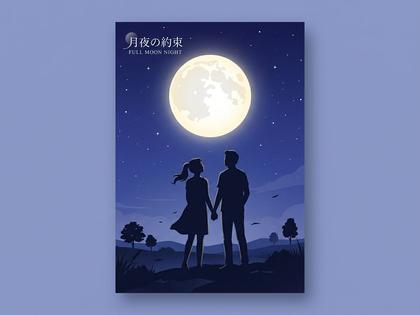夜空に浮かぶ満月を見上げるカップルのシルエット