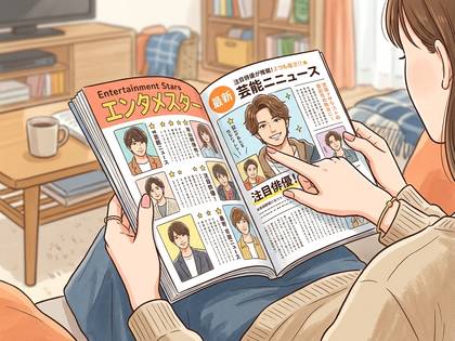 女性が芸能雑誌を読み、男性スターのページを指差して楽しんでいる。