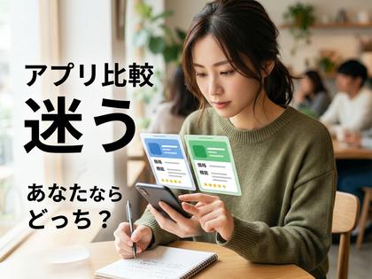 スマホでアプリを比較検討する20代女性のイメージ